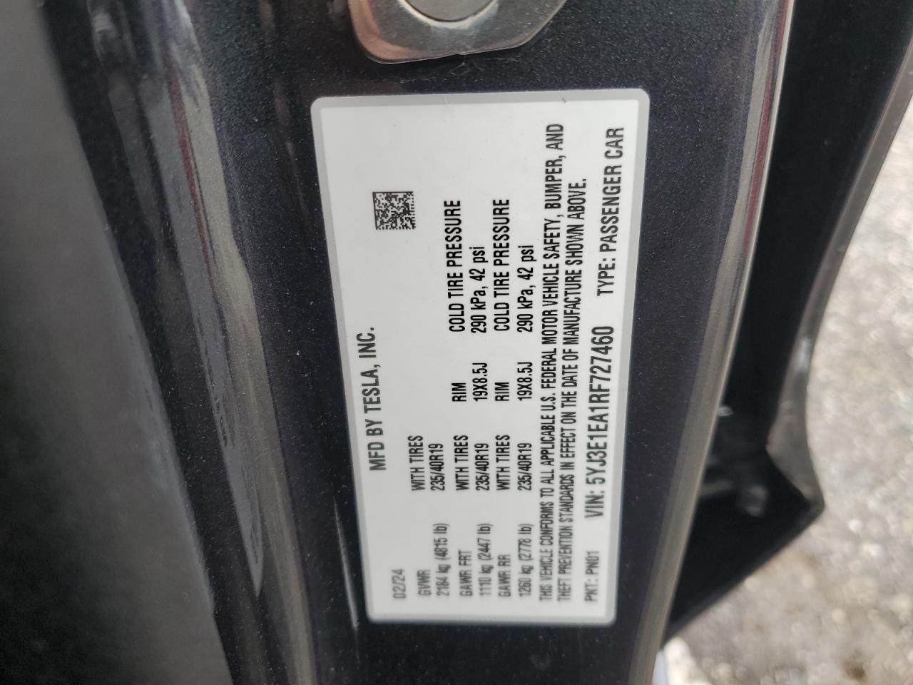 2024 TESLA MODEL 3  VIN:5YJ3E1EA1RF727460