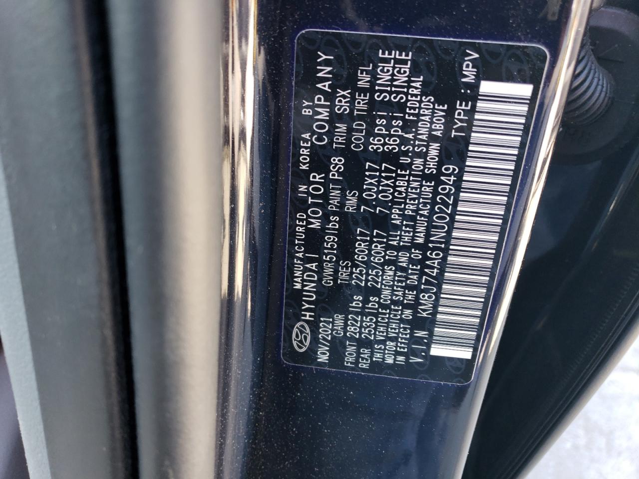 2022 HYUNDAI NEXO BLUE VIN:KM8J74A61NU022949