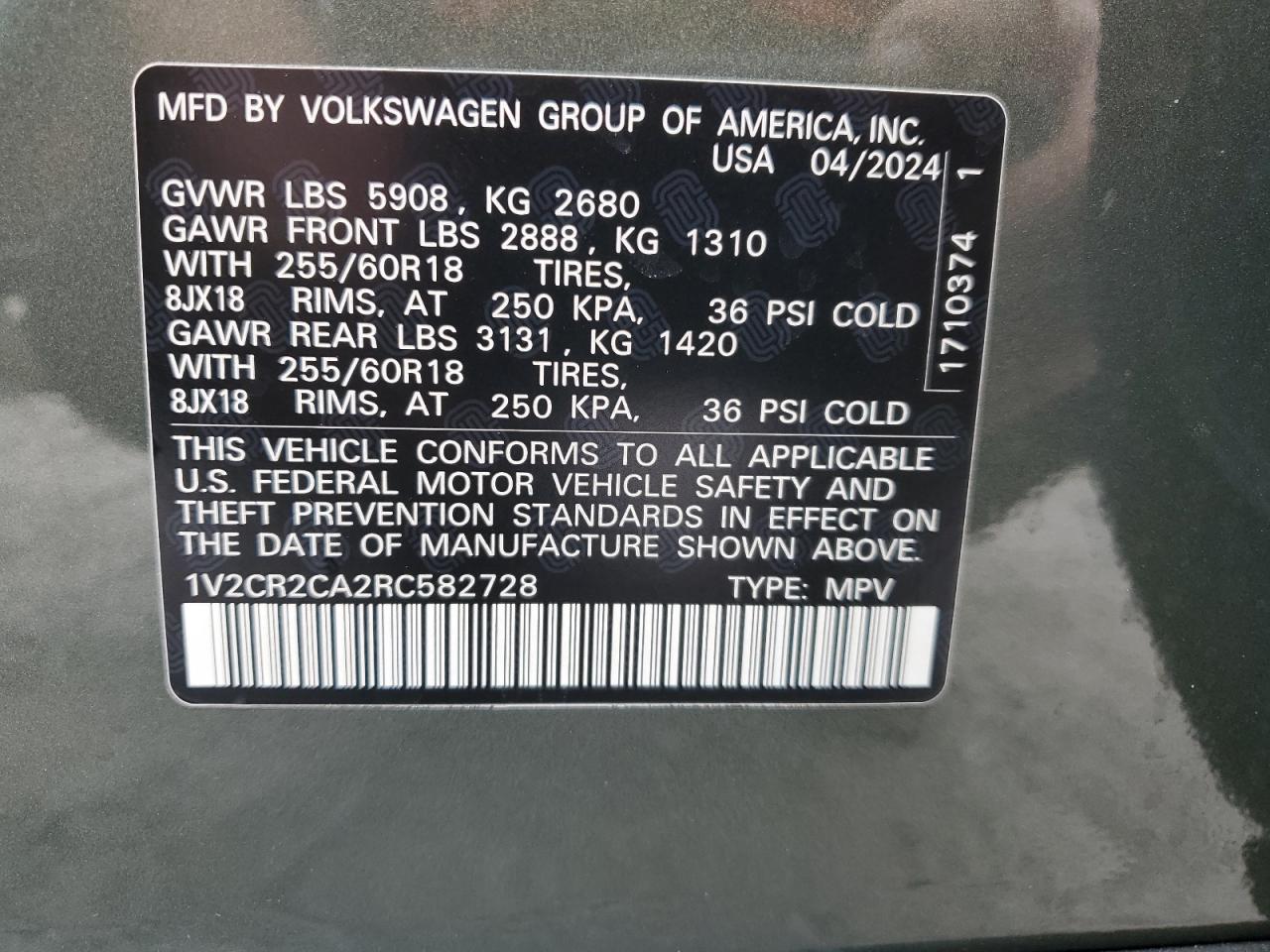 2024 VOLKSWAGEN ATLAS PEAK EDITION SE VIN:1V2CR2CA2RC582728