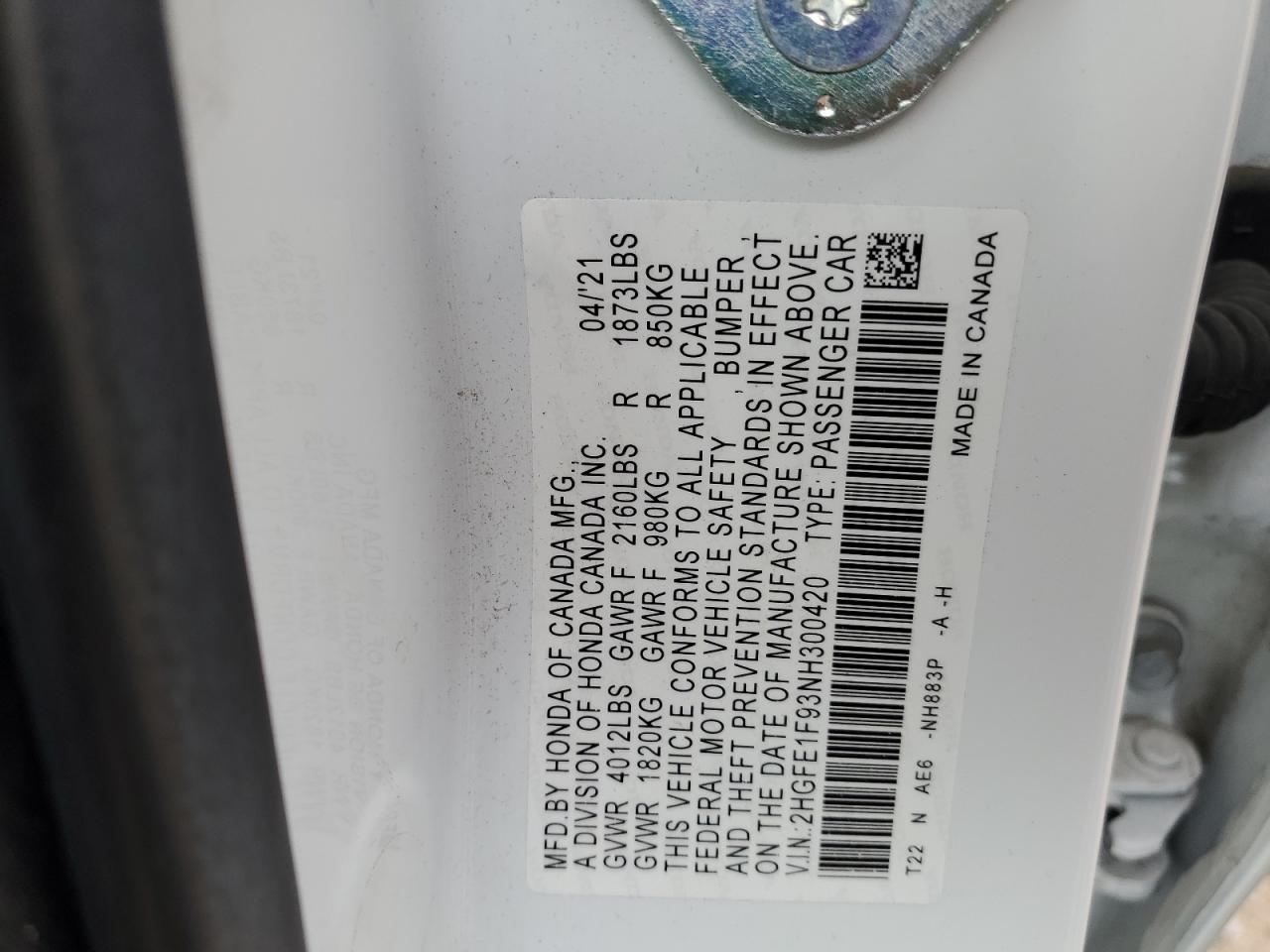 2022 HONDA CIVIC TOURING VIN:2HGFE1F93NH300420
