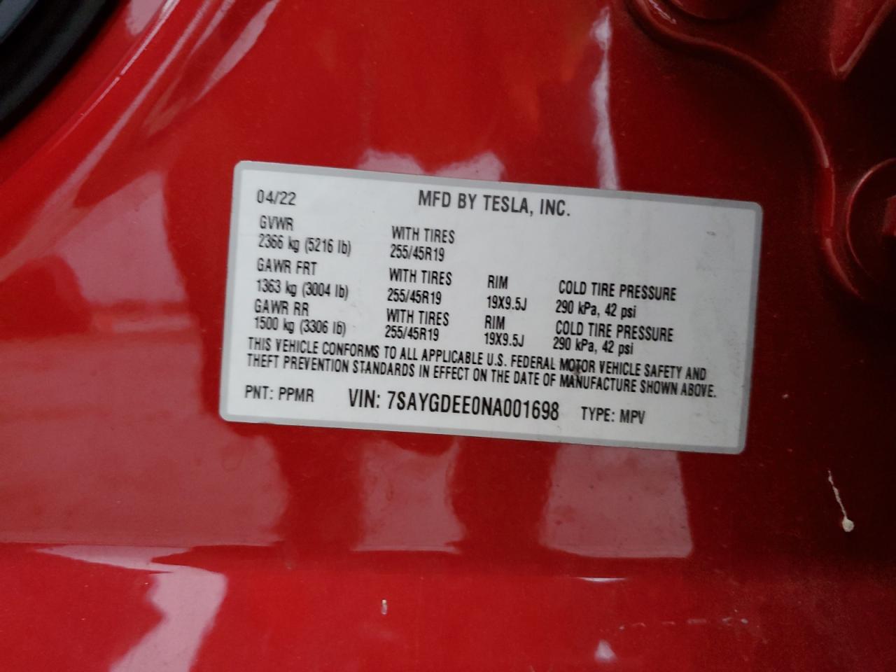 2022 TESLA MODEL Y  VIN:7SAYGDEE0NA001698