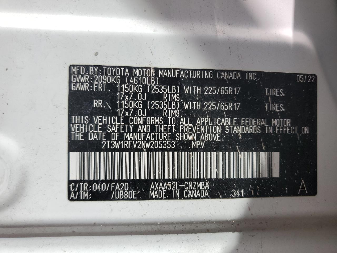 2022 TOYOTA RAV4 XLE VIN:2T3W1RFV2NW205353