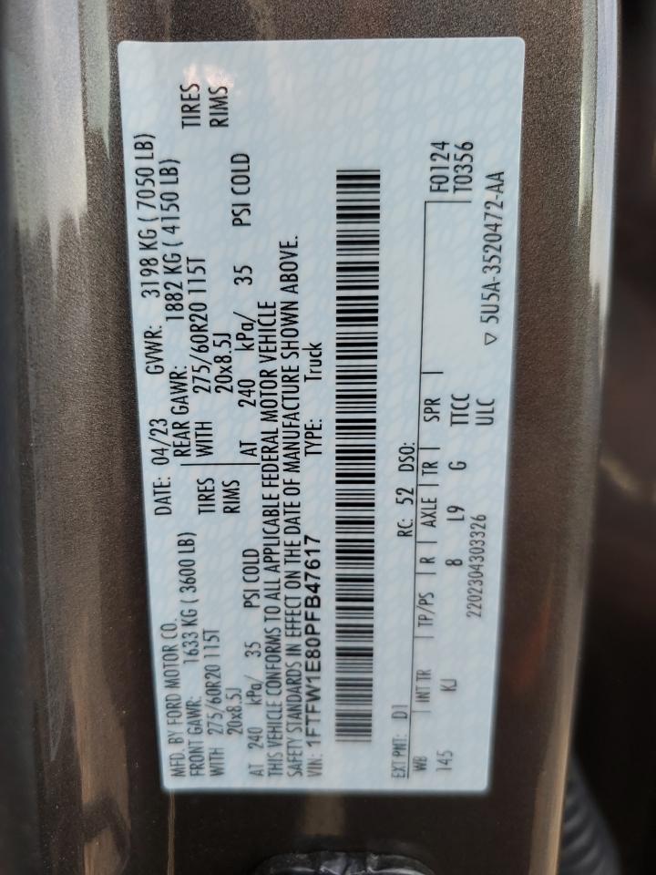 2023 FORD F150 SUPERCREW VIN:1FTFW1E80PFB47617