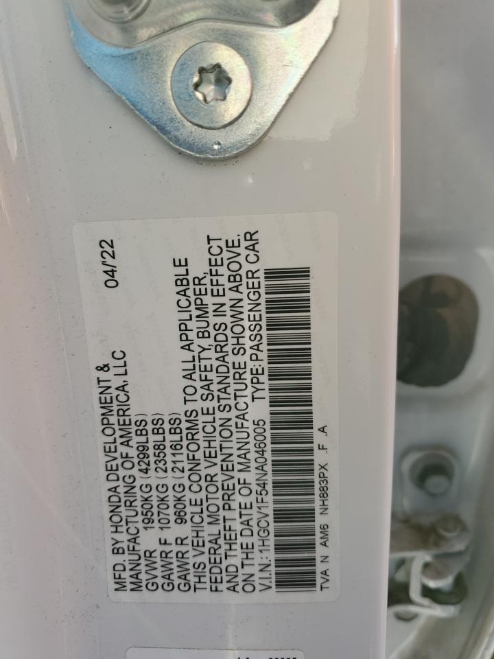 2022 HONDA ACCORD EXL VIN:1HGCV1F54NA046005