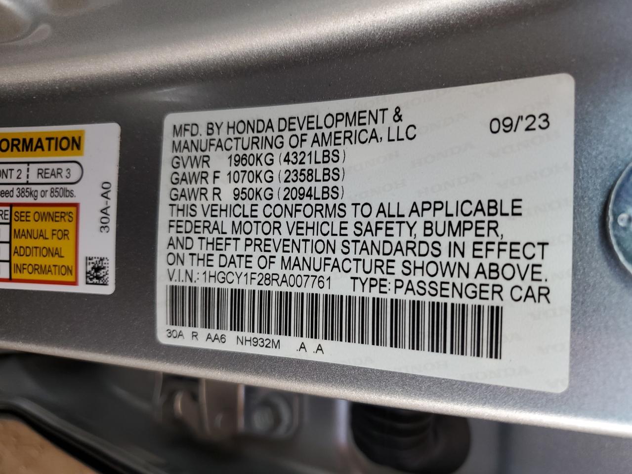 2024 HONDA ACCORD LX VIN:1HGCY1F28RA007761
