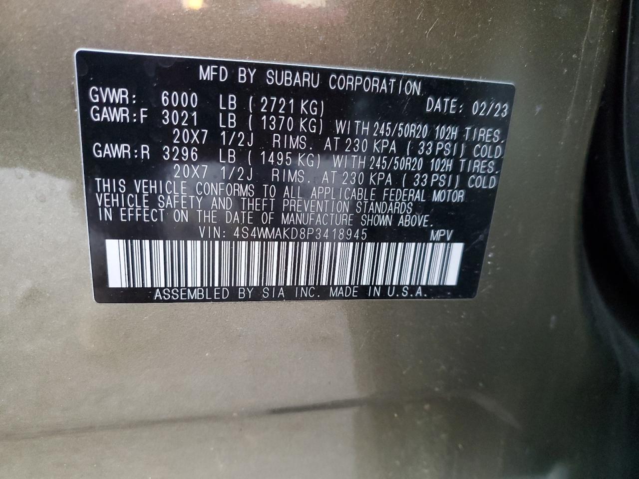 2023 SUBARU ASCENT LIMITED VIN:4S4WMAKD8P3418945