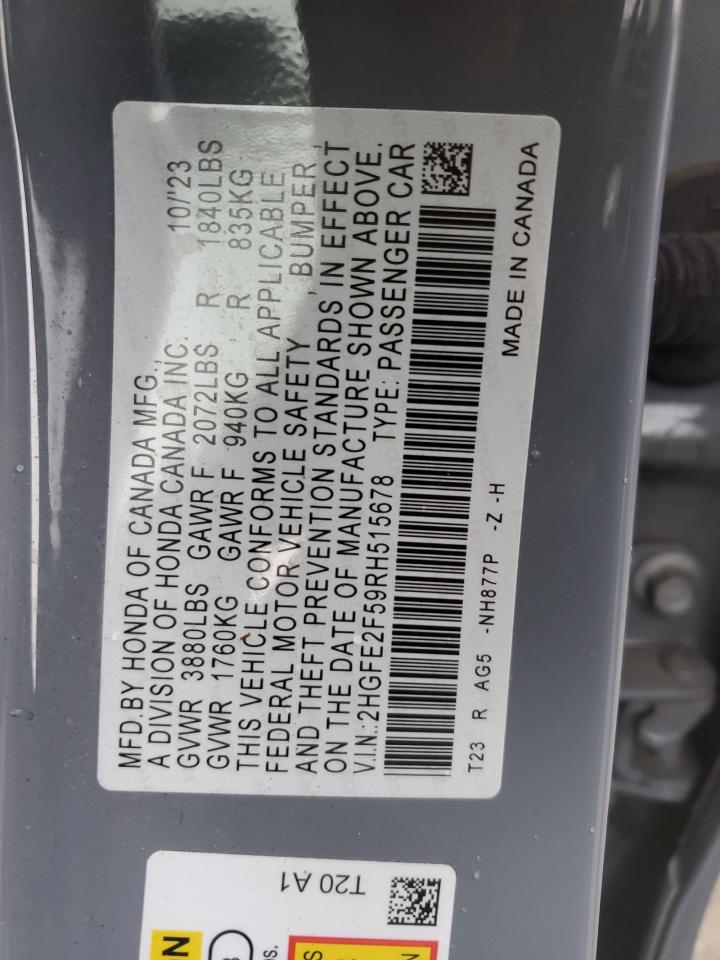 2024 HONDA CIVIC SPORT VIN:2HGFE2F59RH515678