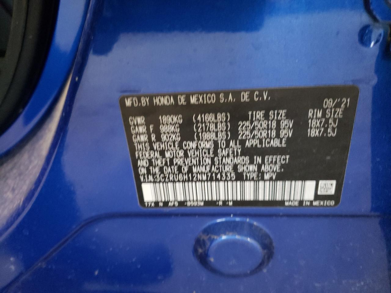 2022 HONDA HR-V SPORT VIN:3CZRU6H12NM714335