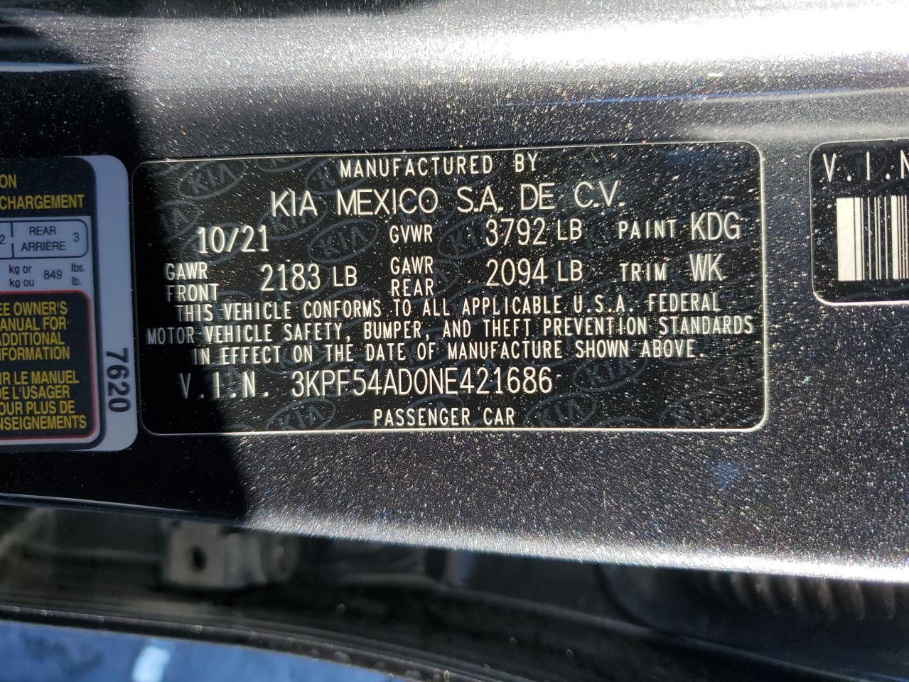 2022 KIA FORTE GT LINE VIN:3KPF54AD0NE421686