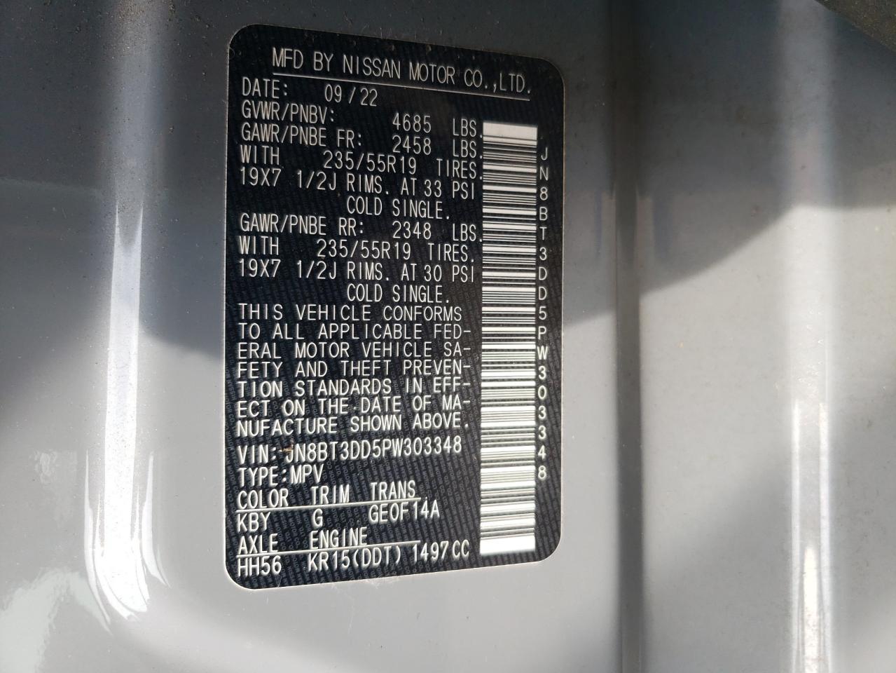 2023 NISSAN ROGUE PLATINUM VIN:JN8BT3DD5PW303348