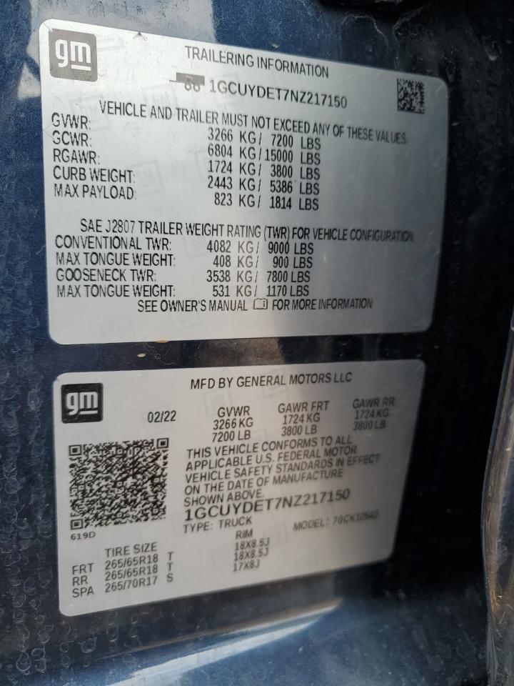 2022 CHEVROLET SILVERADO LTD K1500 LT VIN:1GCUYDET7NZ217150