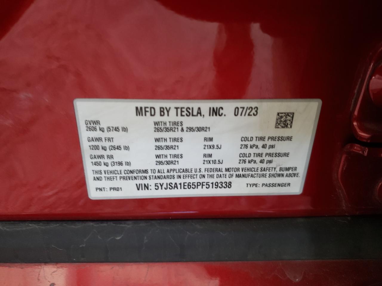 2023 TESLA MODEL S  VIN:5YJSA1E65PF519338