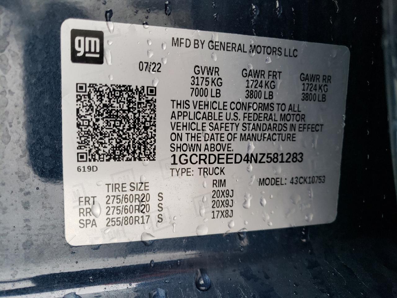 2022 CHEVROLET SILVERADO K1500 RST VIN:1GCRDEED4NZ581283