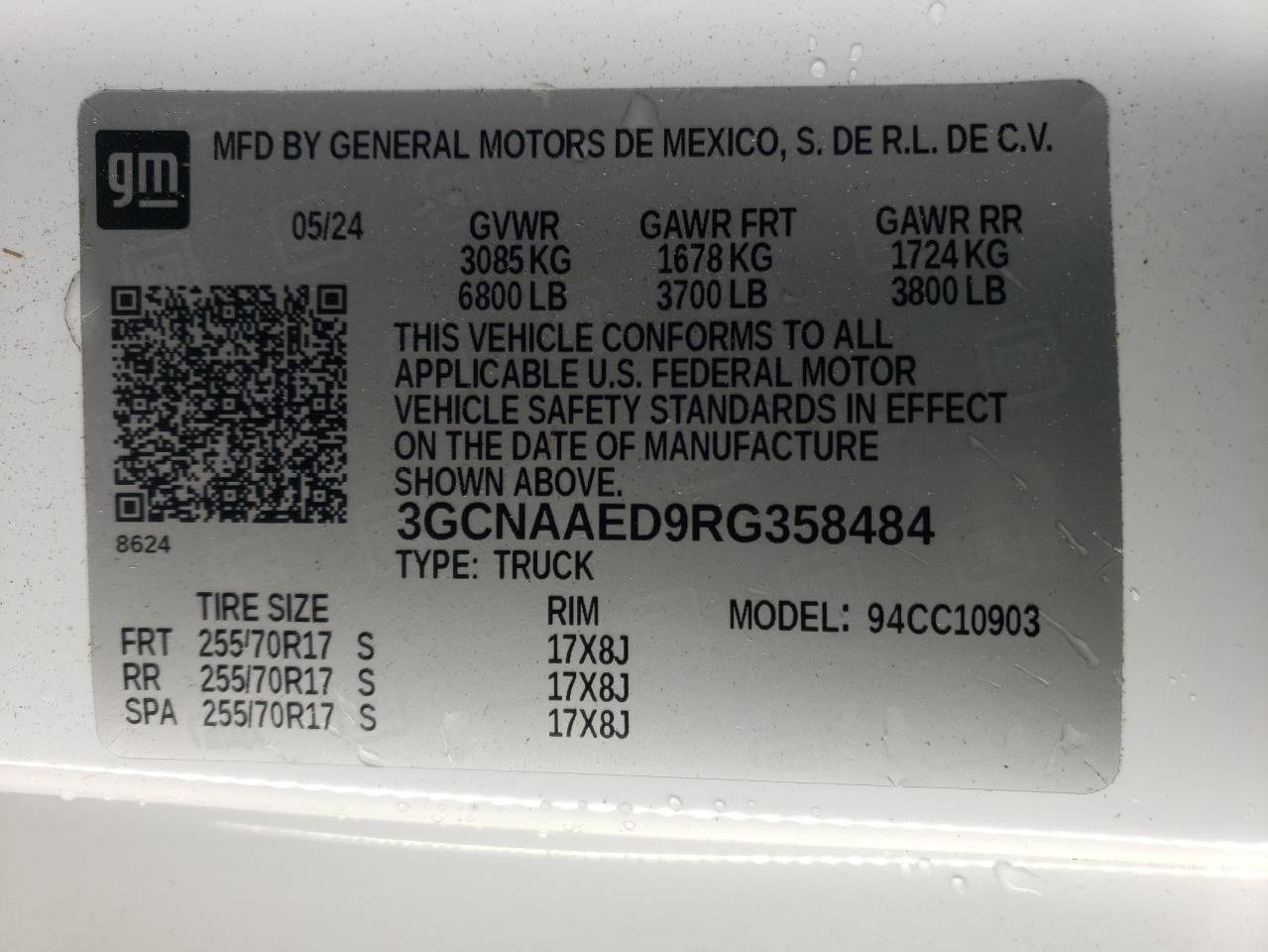 2024 CHEVROLET SILVERADO C1500 VIN:3GCNAAED9RG358484