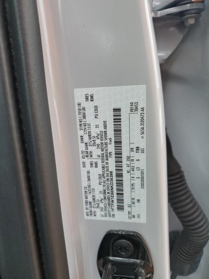 2022 FORD F150 SUPERCREW VIN:1FTFW1E80NKD36398