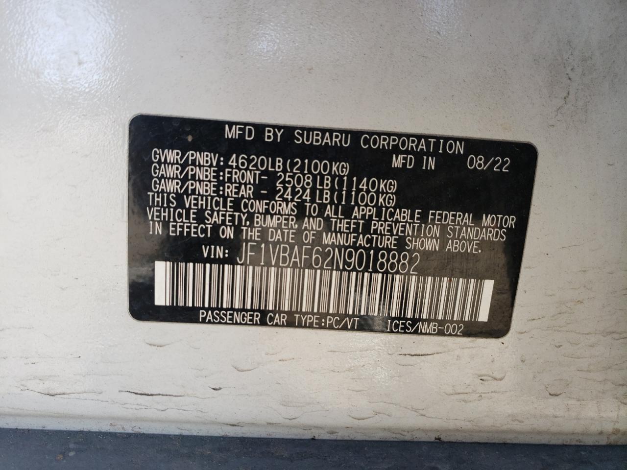 2022 SUBARU WRX PREMIUM VIN:JF1VBAF62N9018882