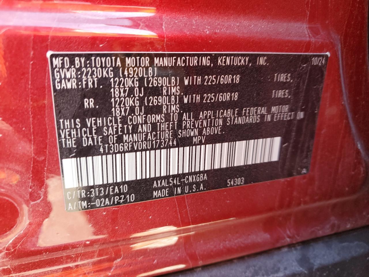 2024 TOYOTA RAV4 LIMITED VIN:4T3D6RFV0RU173744