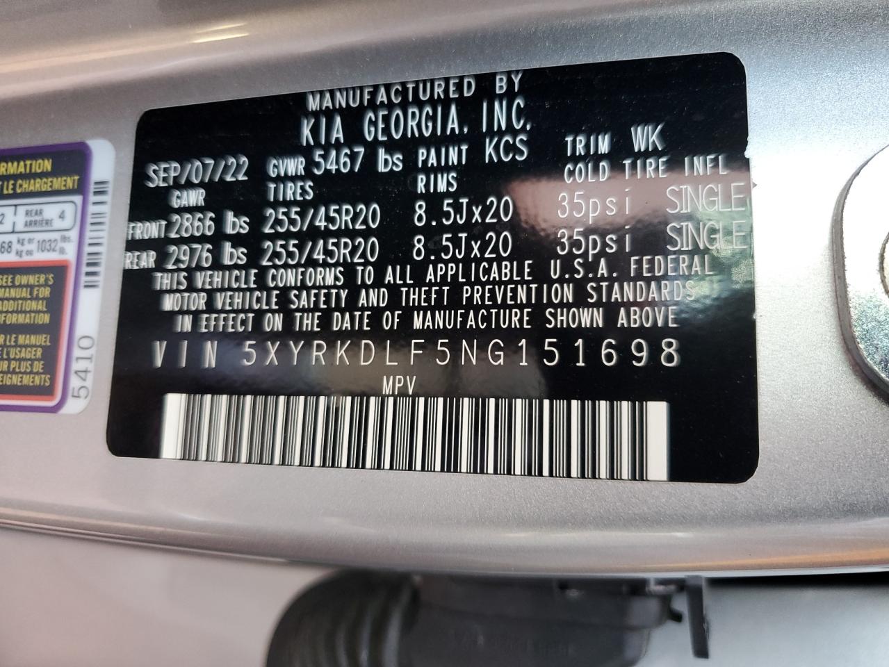 2022 KIA SORENTO SX VIN:5XYRKDLF5NG151698