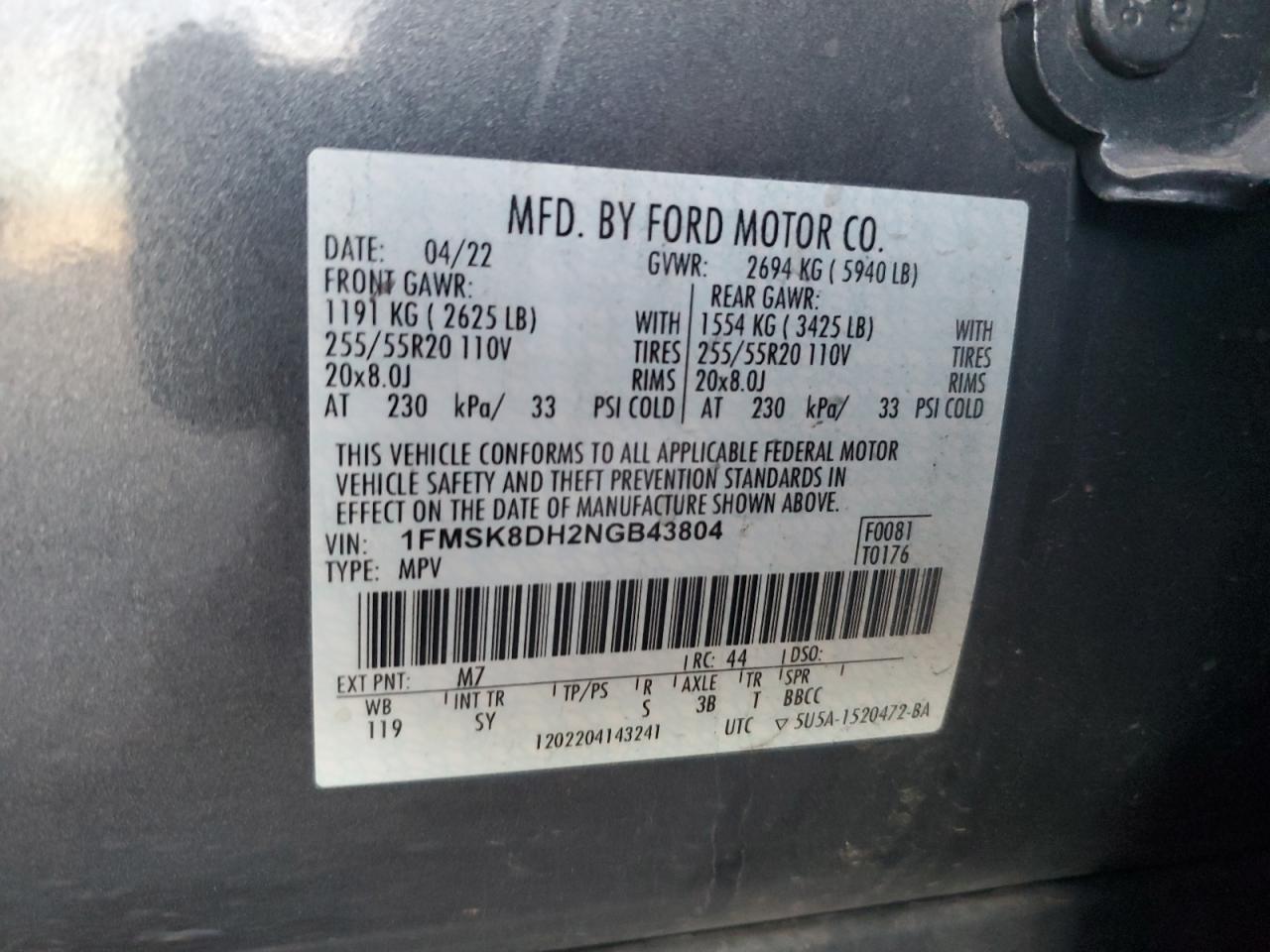 2022 FORD EXPLORER XLT VIN:1FMSK8DH2NGB43804