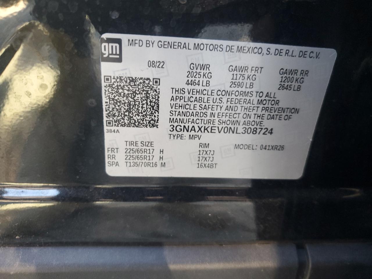 2022 CHEVROLET EQUINOX LT VIN:3GNAXKEV0NL308724