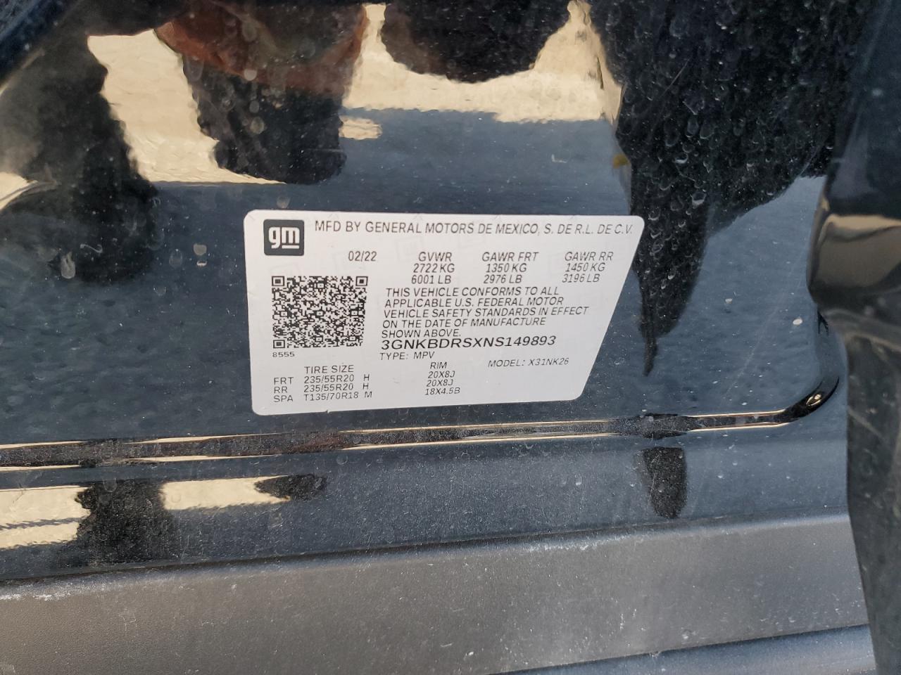 2022 CHEVROLET BLAZER 3LT VIN:3GNKBDRSXNS149893