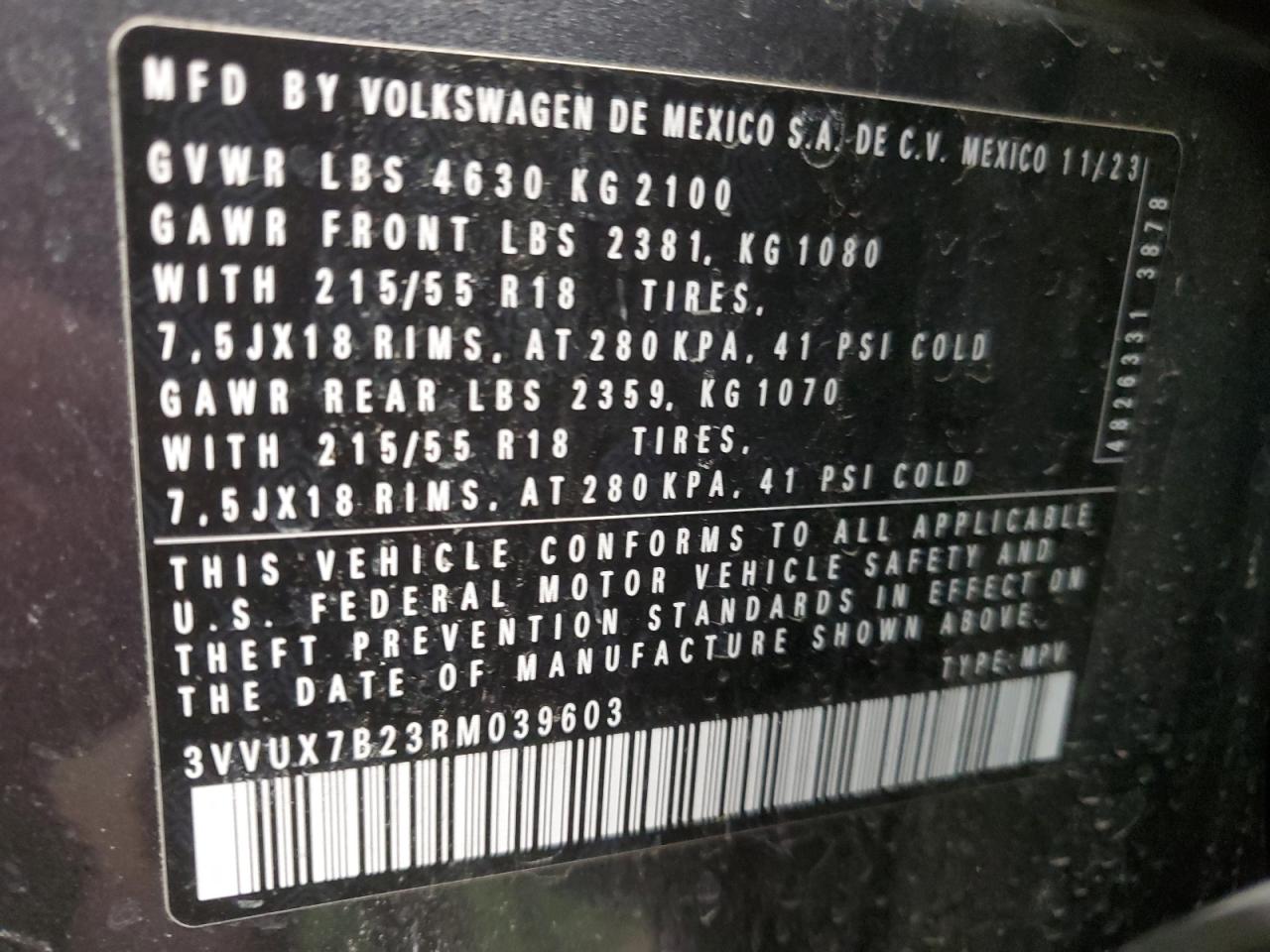 2024 VOLKSWAGEN TAOS SE VIN:3VVUX7B23RM039603