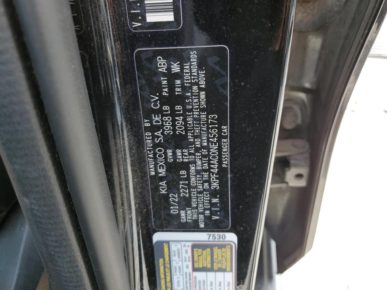 2022 KIA FORTE GT VIN:3KPF44AC0NE456173