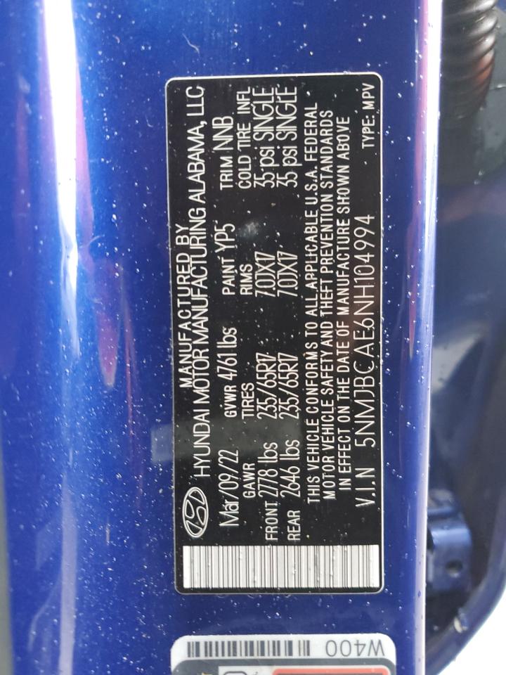 2022 HYUNDAI TUCSON SEL VIN:5NMJBCAE6NH104994