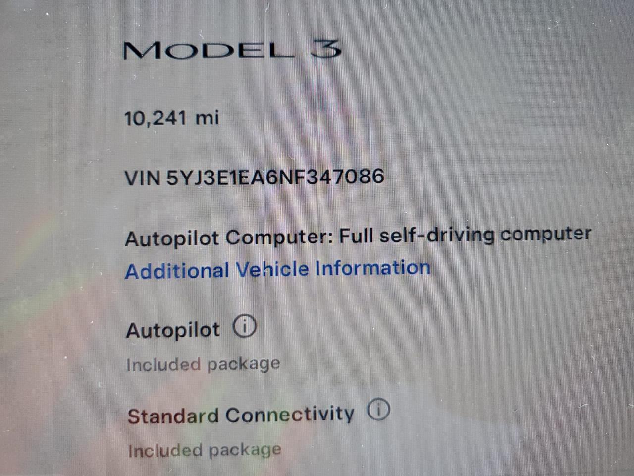 2022 TESLA MODEL 3  VIN:5YJ3E1EA6NF347086