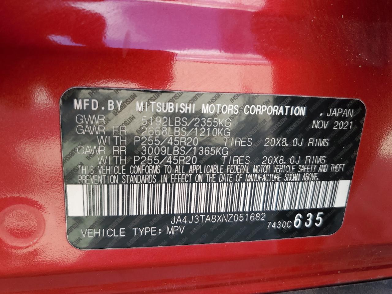 2022 MITSUBISHI OUTLANDER ES VIN:JA4J3TA8XNZ051682