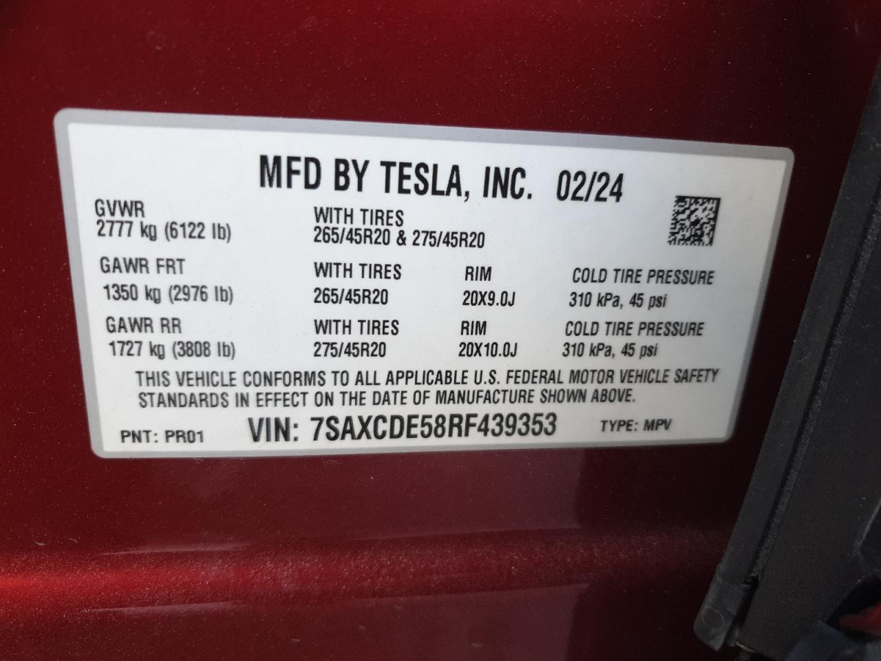 2024 TESLA MODEL X  VIN:7SAXCDE58RF439353
