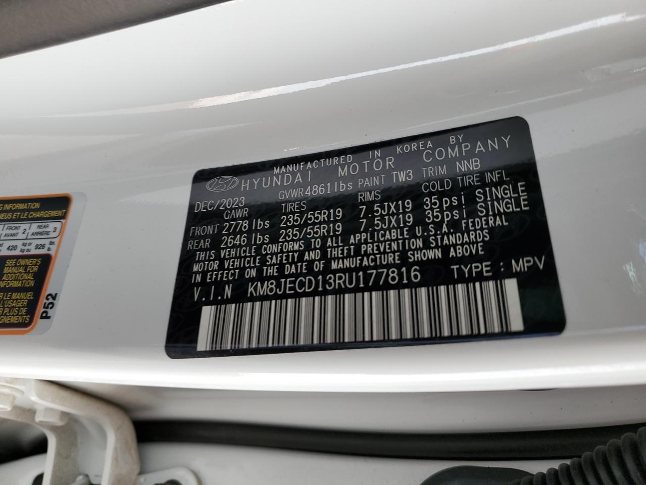 2024 HYUNDAI TUCSON LIMITED VIN:KM8JECD13RU177816