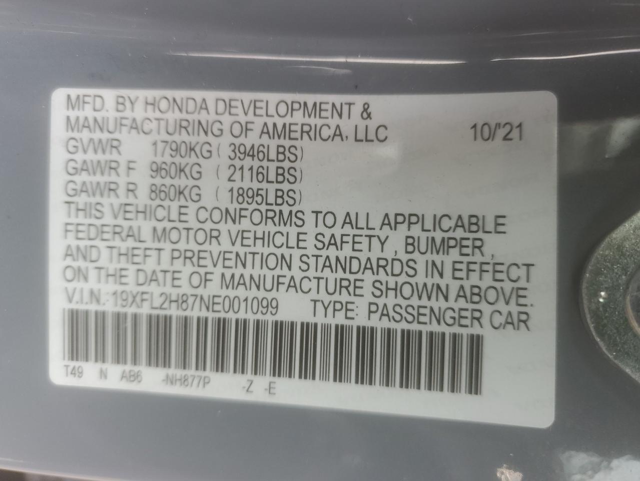 2022 HONDA CIVIC SPORT VIN:19XFL2H87NE001099