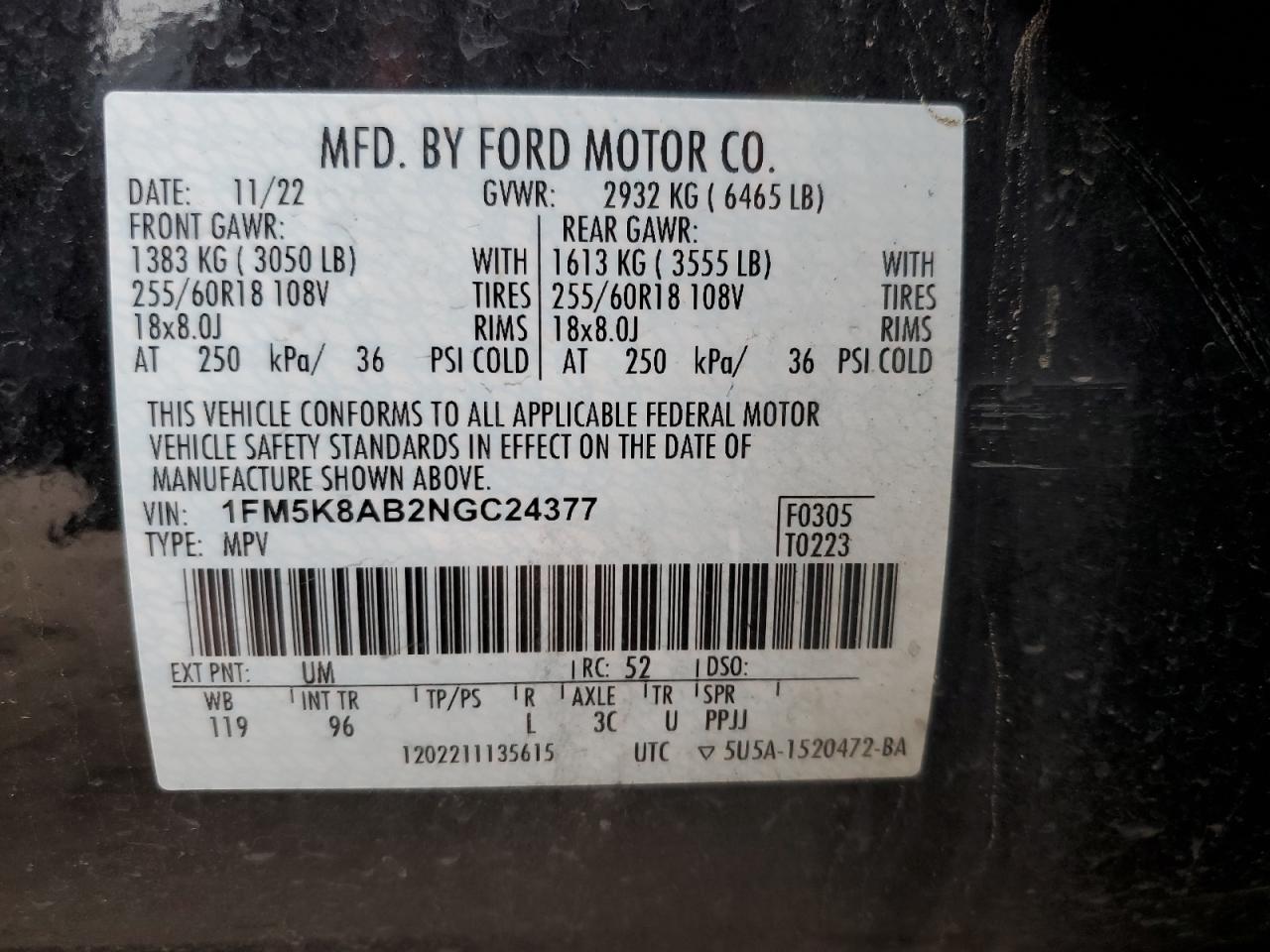2022 FORD EXPLORER POLICE INTERCEPTOR VIN:1FM5K8AB2NGC24377