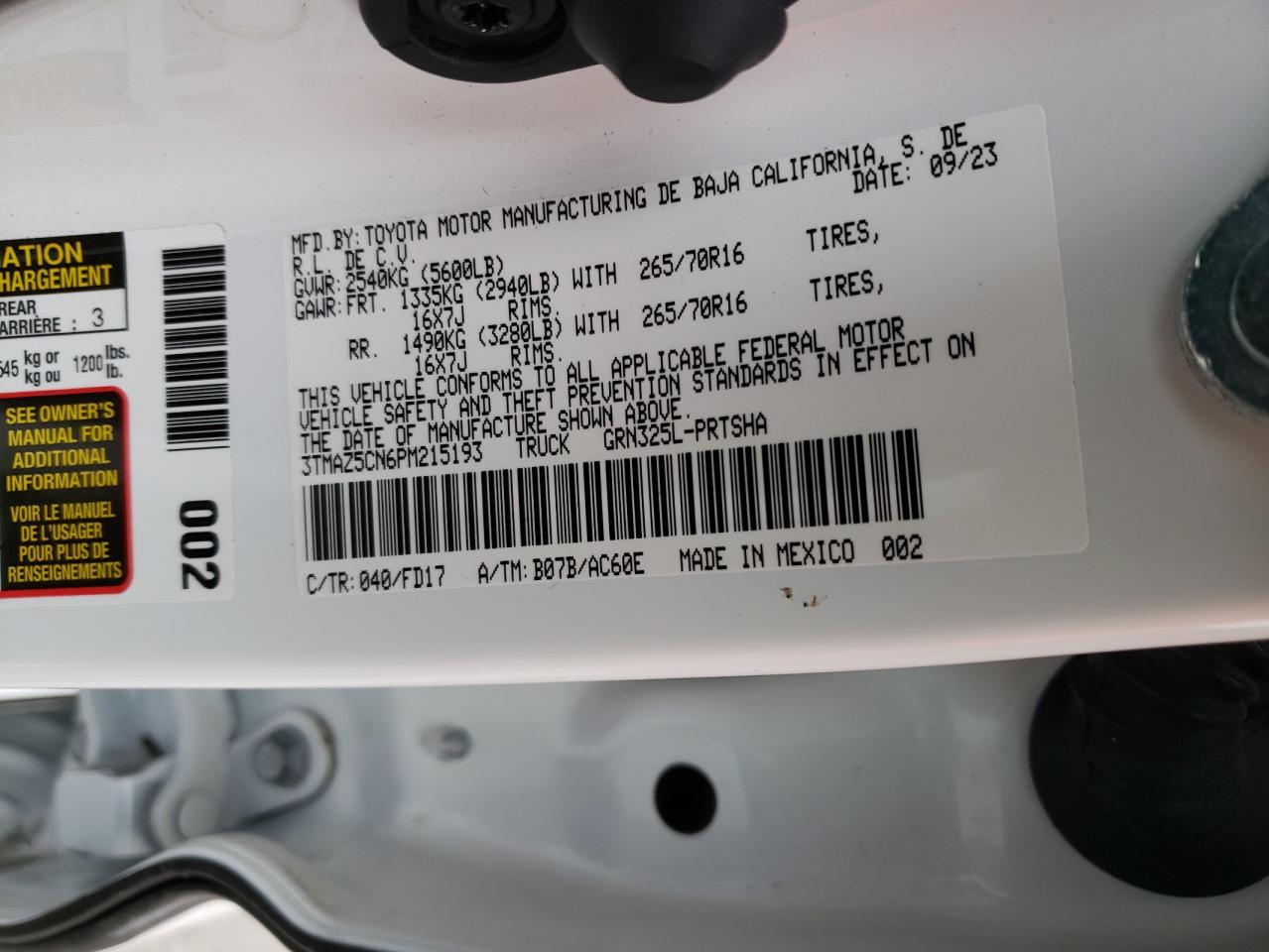 2023 TOYOTA TACOMA DOUBLE CAB VIN:3TMAZ5CN6PM215193