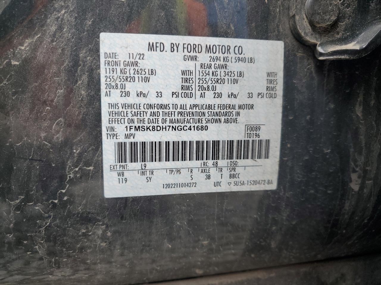 2022 FORD EXPLORER XLT VIN:1FMSK8DH7NGC41680