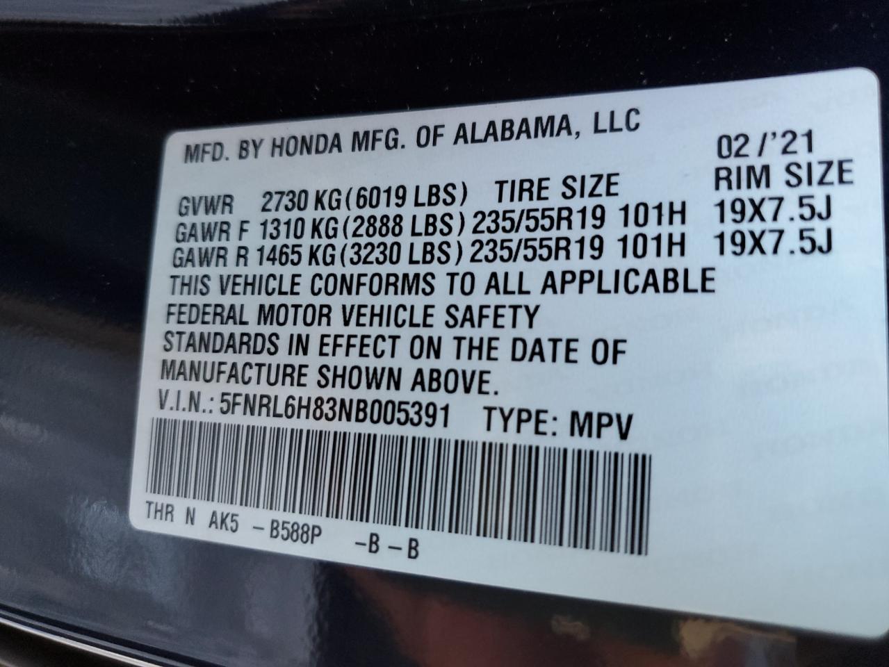 2022 HONDA ODYSSEY TOURING VIN:5FNRL6H83NB005391