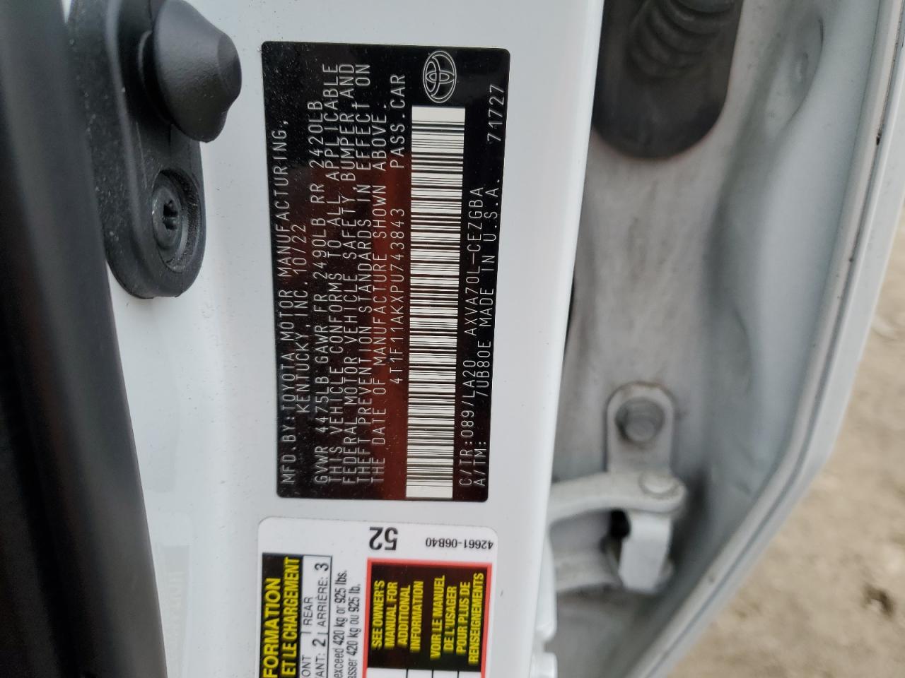 2023 TOYOTA CAMRY XLE VIN:4T1F11AKXPU743843