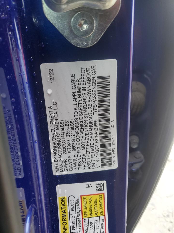 2022 HONDA ACCORD SPORT VIN:1HGCV1F37NA121696
