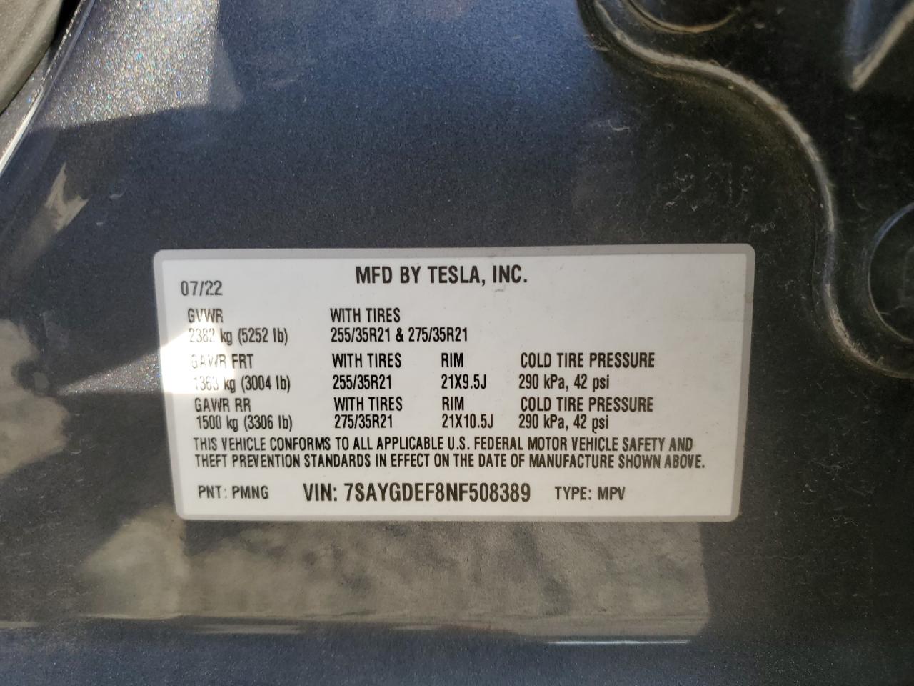 2022 TESLA MODEL Y  VIN:7SAYGDEF8NF508389