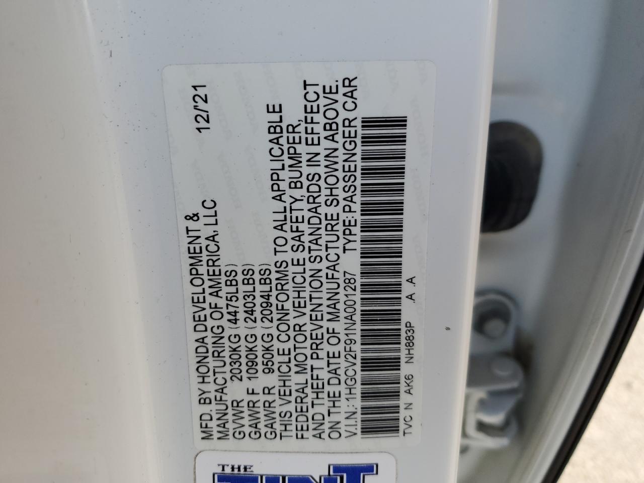 2022 HONDA ACCORD TOURING VIN:1HGCV2F91NA001287