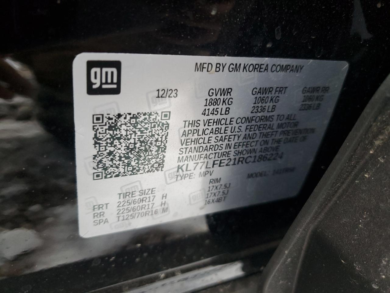 2024 CHEVROLET TRAX LS VIN:KL77LFE21RC186224