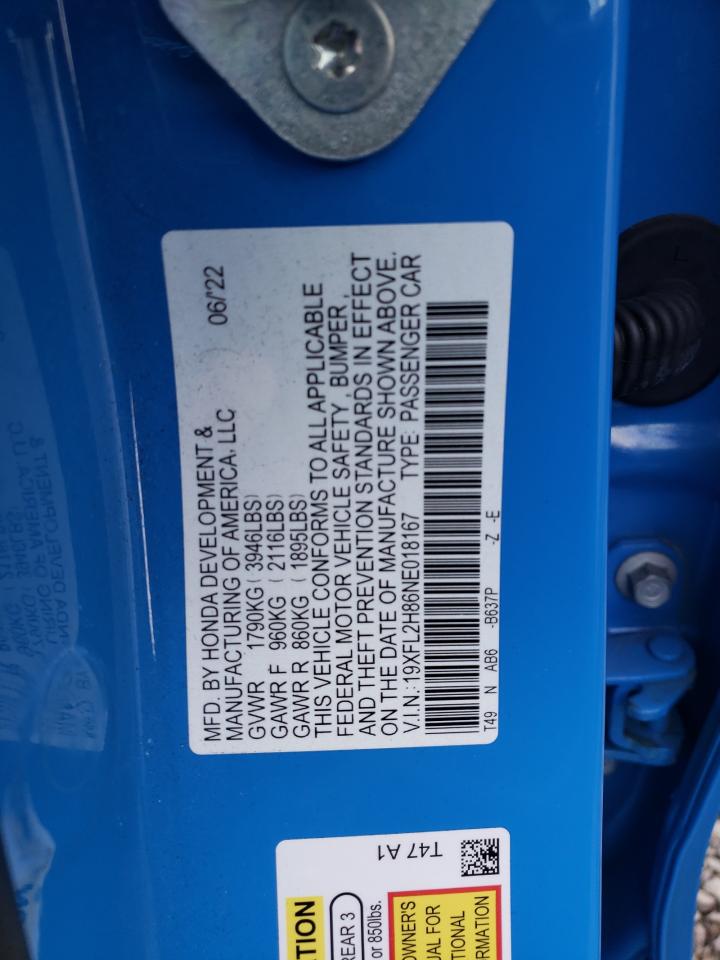 2022 HONDA CIVIC SPORT VIN:19XFL2H86NE018167