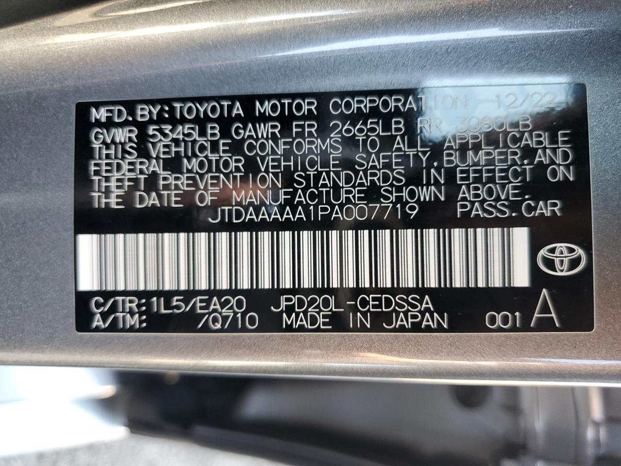 2023 TOYOTA MIRAI XLE VIN:JTDAAAAA1PA007719