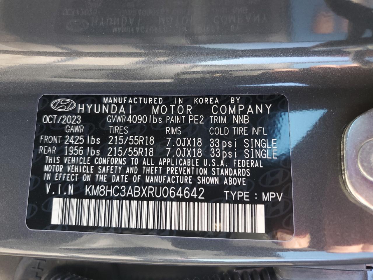 2024 HYUNDAI KONA SEL VIN:KM8HC3ABXRU064642