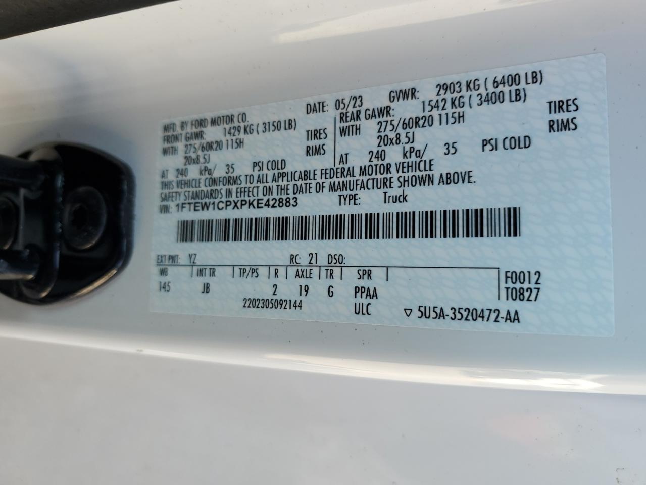 2023 FORD F150 SUPERCREW VIN:1FTEW1CPXPKE42883