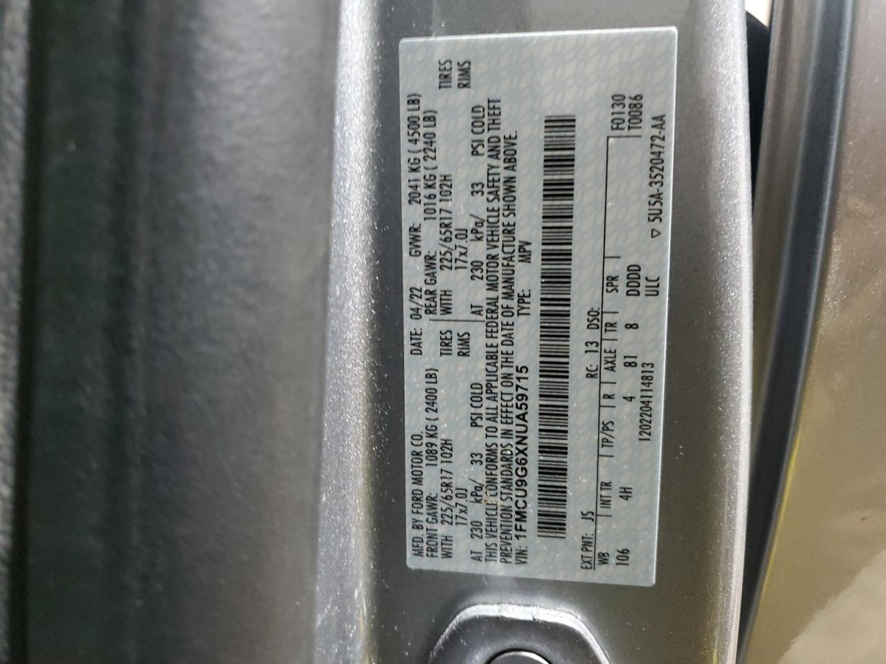 2022 FORD ESCAPE SE VIN:1FMCU9G6XNUA59715