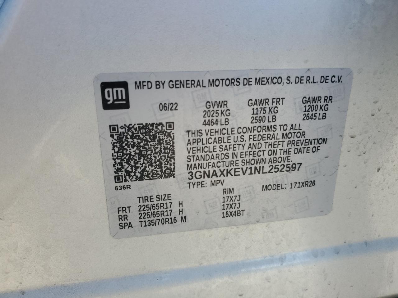 2022 CHEVROLET EQUINOX LT VIN:3GNAXKEV1NL252597