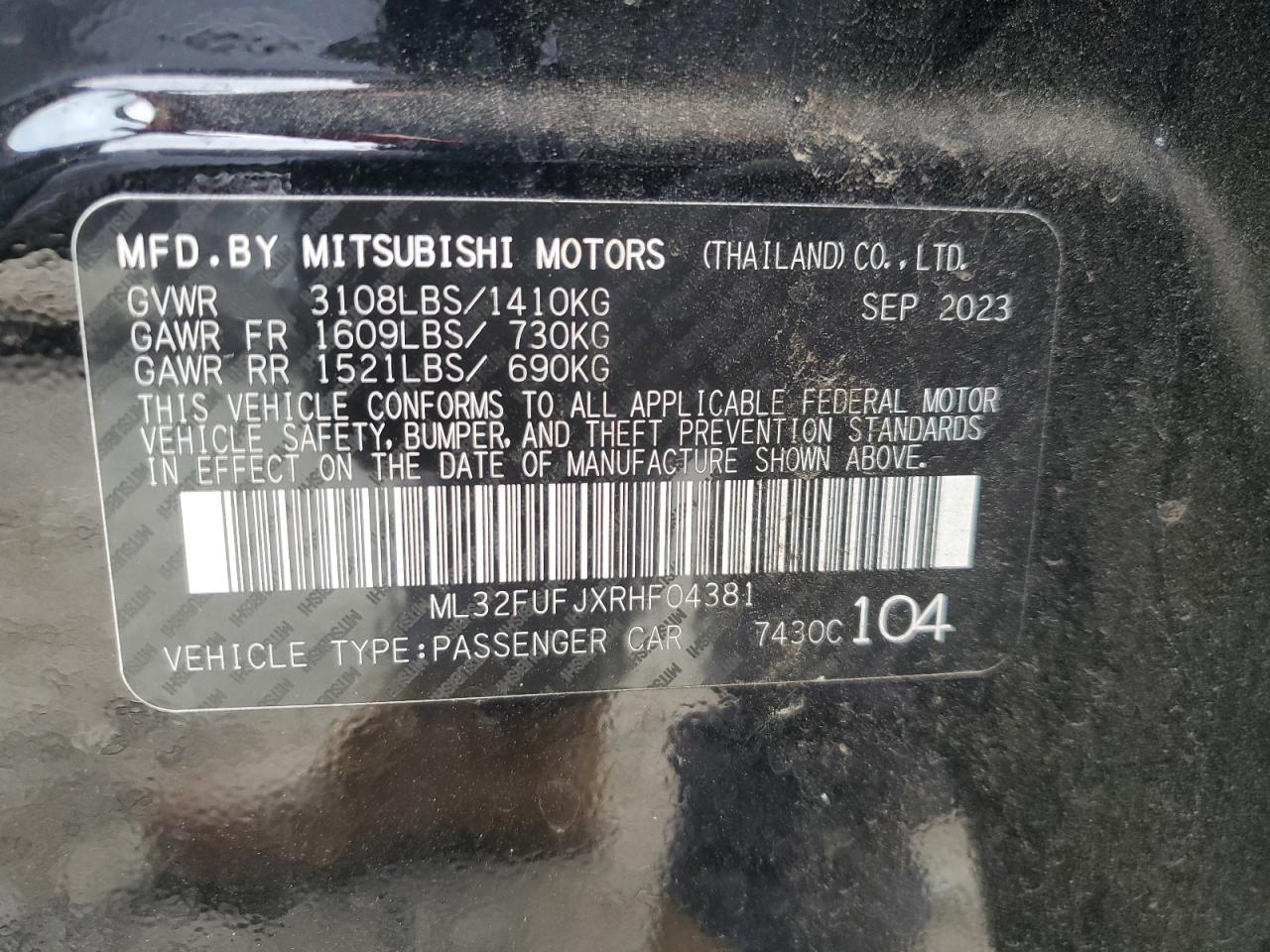 2024 MITSUBISHI MIRAGE G4 ES VIN:ML32FUFJXRHF04381