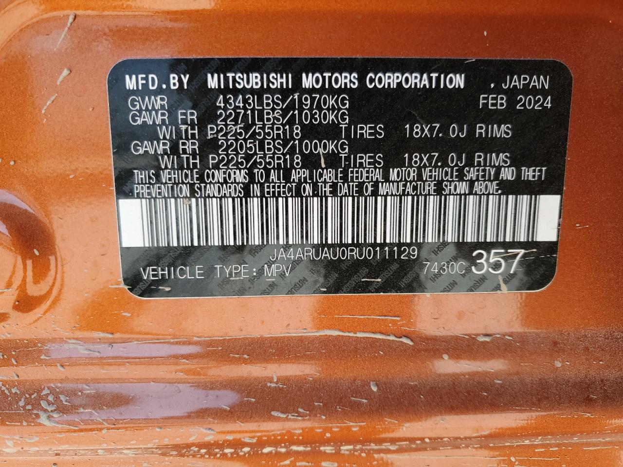 2024 MITSUBISHI OUTLANDER SPORT S/SE VIN:JA4ARUAU0RU011129